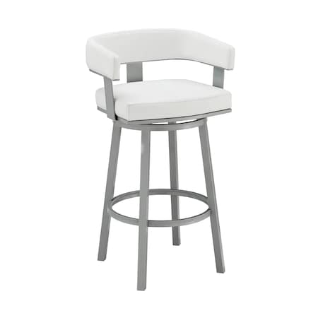 Armen Living Lorin 26" Counter Height Swivel Bar Stool in Silver Finish with White Faux Leather LCLRBASLWH26
